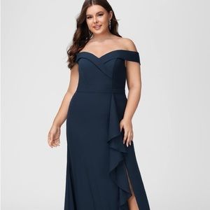 Dark Navy Off-the-Shoulder Floor-Length Chiffon Dress With Ruffle
